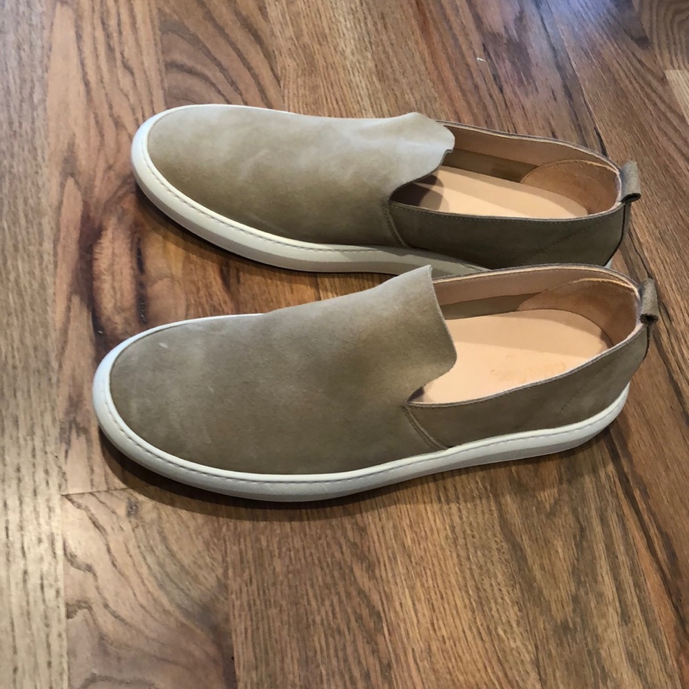 Size 12, tan Astroflex slip-ons.